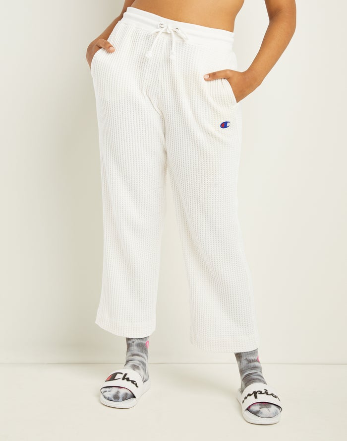 Champion Womens Pants NZ - Waffle Knit Wide-Leg White ( 9607-JSQXK )